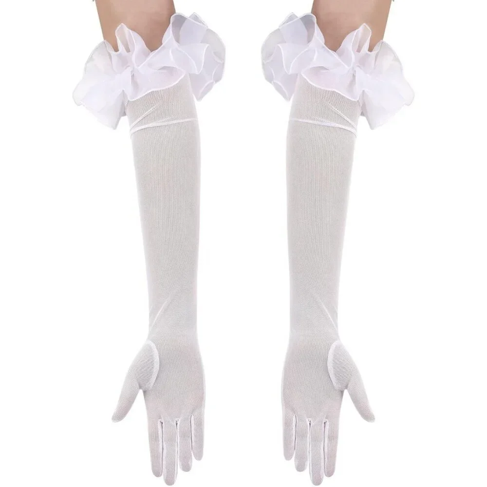 Women's Long Ivory Ruffle Puff Cuff Sleeve Mesh Gloves Wedding Party Costume